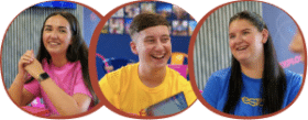 Three young people sitting indoors, each smiling and wearing brightly coloured shirts—pink, yellow, and blue.