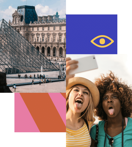 Louvre Museum with glass pyramid and tourists outside; two women taking a playful selfie; geometric shapes and an eye icon overlay.