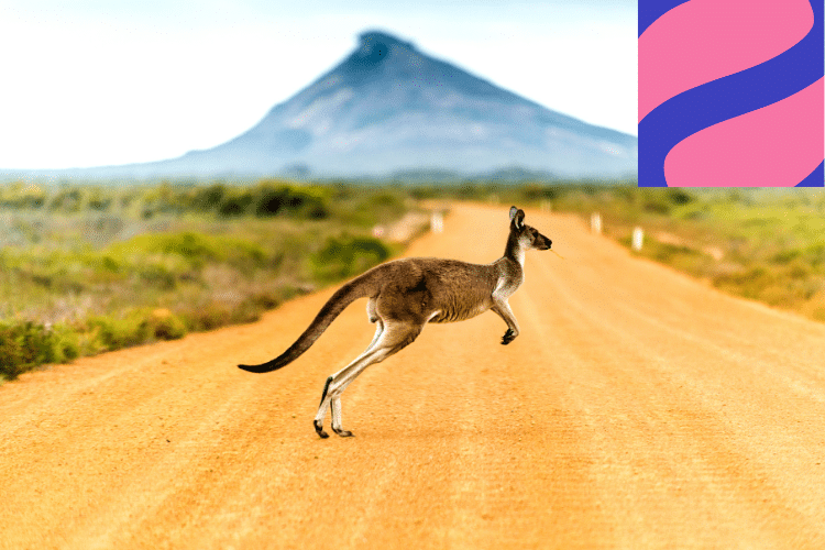A kangaroo hops across a dirt road in a rural landscape with a mountain in the background; abstract logo is visible in the top right corner.