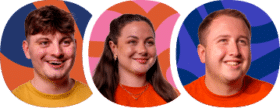 Three people smiling, each pictured in front of colourful abstract backgrounds in orange, pink, and blue tones.