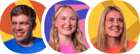 Three people smiling, each framed in an oval with colourful abstract backgrounds in orange, purple, and yellow tones.