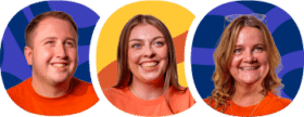Three people wearing orange shirts are smiling in front of colourful abstract backgrounds.