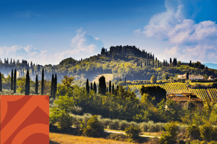 Hilly landscape with cypress trees, vineyards, and scattered buildings under a blue sky with clouds; a red geometric shape is in the lower left corner.