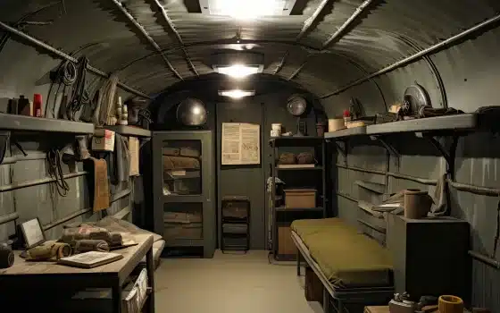 Interior of an underground bunker with metal walls, shelves holding supplies, a bed, storage cupboards, and fluorescent ceiling lights.