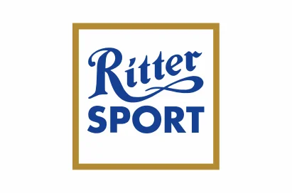 Ritter Sport logo with "Ritter" in cursive blue text above "SPORT" in bold blue text, all inside a gold-bordered square.