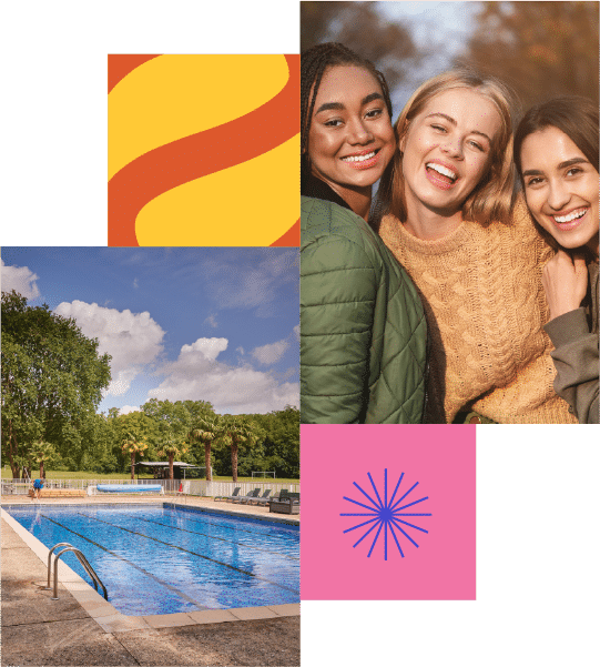 Three smiling young women pose together outdoors; below them is an empty outdoor swimming pool under a partly cloudy sky, with abstract graphic elements in the background.