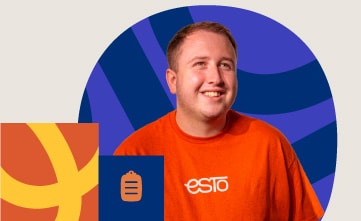 A smiling man in an orange "ESTO" shirt stands in front of a blue and purple circular background with abstract graphic elements in the foreground.