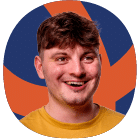 A young person with short brown hair and a yellow shirt smiles in front of a blue background with an orange abstract design.