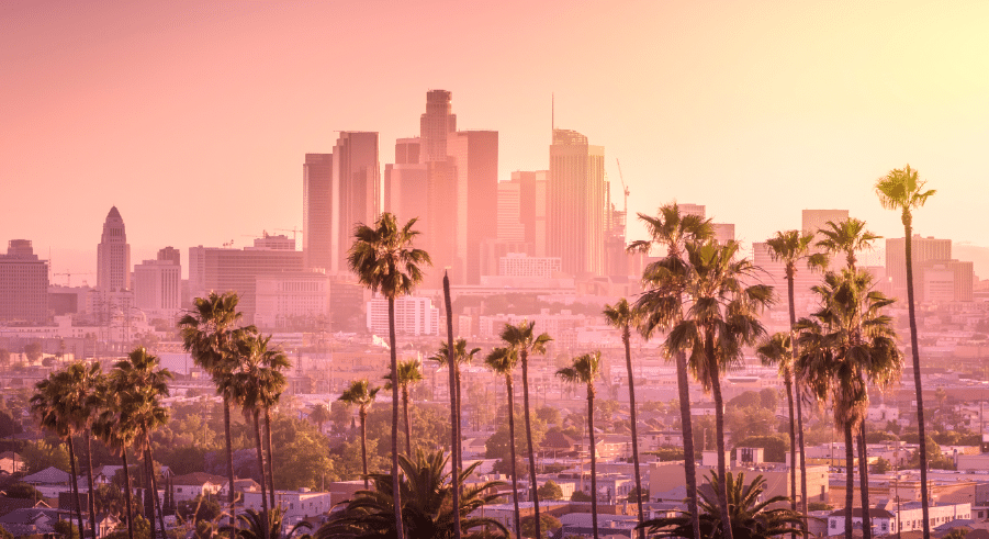 Los Angeles city skyline at sunset with tall palm trees in the foreground and buildings bathed in warm, pinkish light.