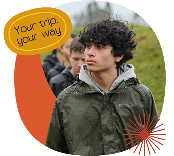 A young person in a green raincoat stands outdoors with others in the background. Text reads, "Your trip. your way.