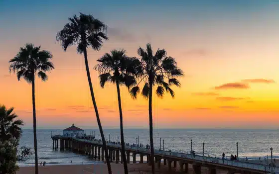 Palm trees frame a pier extending into the sea at sunset, with people visible on the pier and an orange and blue sky in the background.