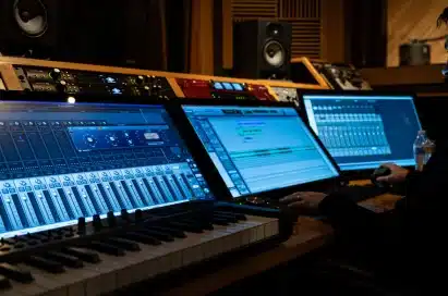 A person works at a music production studio with multiple computer screens displaying audio editing software and a keyboard in front.