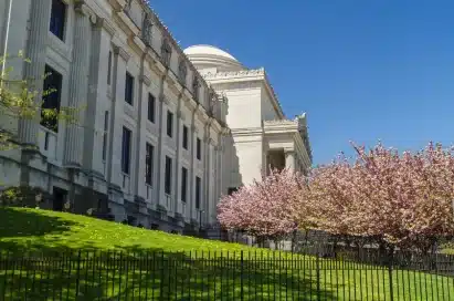 A large neoclassical building with tall columns stands behind a green lawn and blossoming pink trees under a clear blue sky.