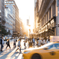 People cross a busy city street at a junction as a yellow taxi passes by in the foreground; sunlight shines between tall buildings.