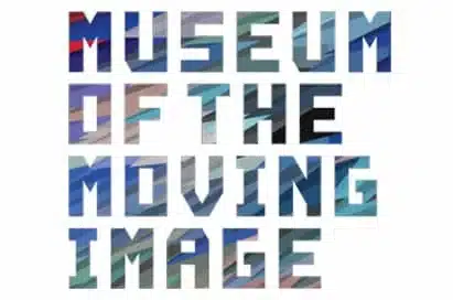 Text reads "MUSEUM OF THE MOVING IMAGE" in block letters filled with abstract, colourful, diagonal patterns.