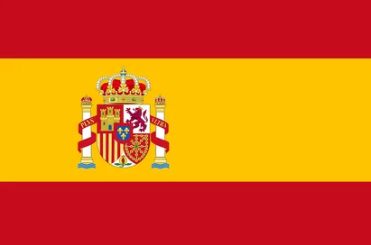 Flag of Spain featuring red and yellow horizontal stripes with the national coat of arms positioned towards the left side.