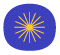 A blue oval with a yellow, radiating sunburst pattern in the centre.