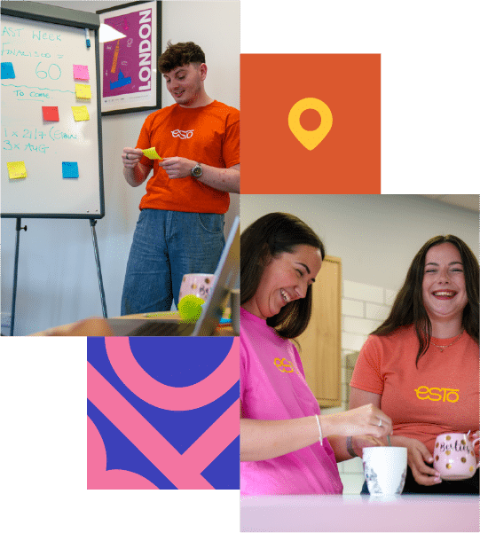 Two people wearing branded T-shirts interact in a modern office; one stands by a flipchart with sticky notes, while the other two sit and smile, holding mugs. Geometric graphics overlay the image.