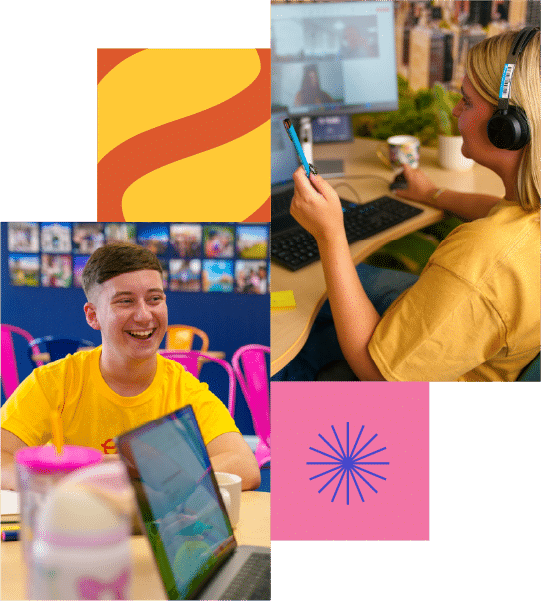 Two people in yellow shirts work separately; one smiles at a table with a laptop, the other uses a phone and computer with headphones. Colourful graphic elements appear between them.
