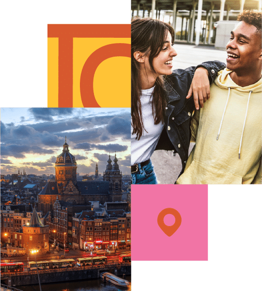 Two people smiling and talking outdoors overlap an image of a cityscape at sunset and a pink location pin icon.