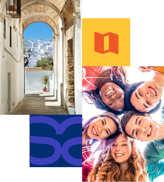 A sunlit alleyway, abstract coloured squares, and a group of smiling young adults form a collage in this image.
