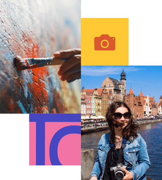 A close-up of a hand painting on a canvas, a camera icon, and a woman holding a camera standing by a riverside with historic buildings in the background.