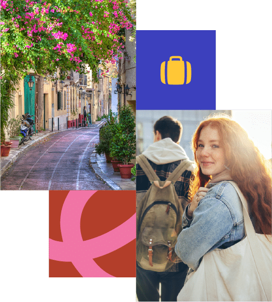 A narrow street lined with plants, a yellow suitcase icon, and two people with rucksacks walking, one smiling at the camera.