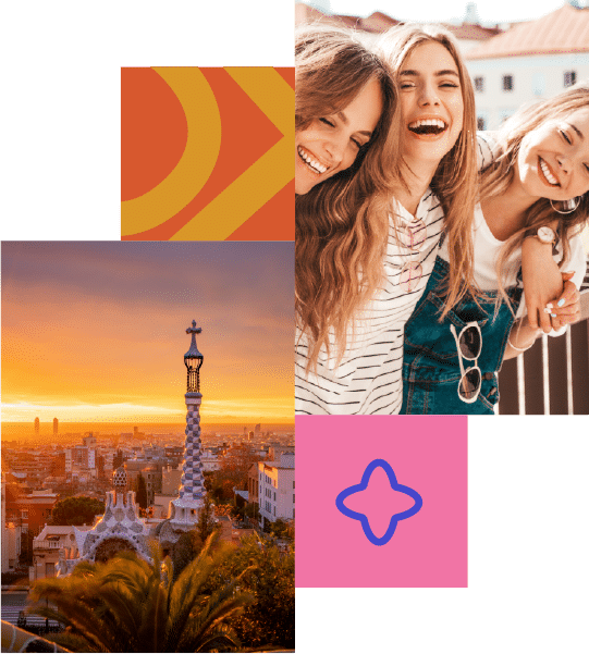 Three young women smile and pose together outdoors; below, a cityscape photo shows Park Güell in Barcelona at sunset. Geometric shapes decorate the background.