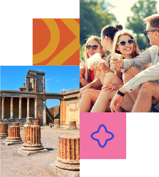 A group of young people smiling and talking outdoors is placed next to an image of ancient ruins with stone columns and walls under a clear sky.