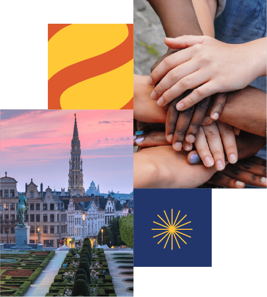 A collage featuring a cityscape with historic buildings, a close-up of diverse hands stacked together, and two geometric graphic designs in yellow, orange, and blue.