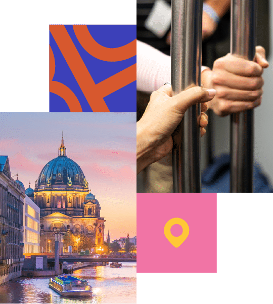 Collage featuring the Berlin Cathedral, hands holding underground poles, a pink location pin icon on a square, and an abstract orange and blue pattern.