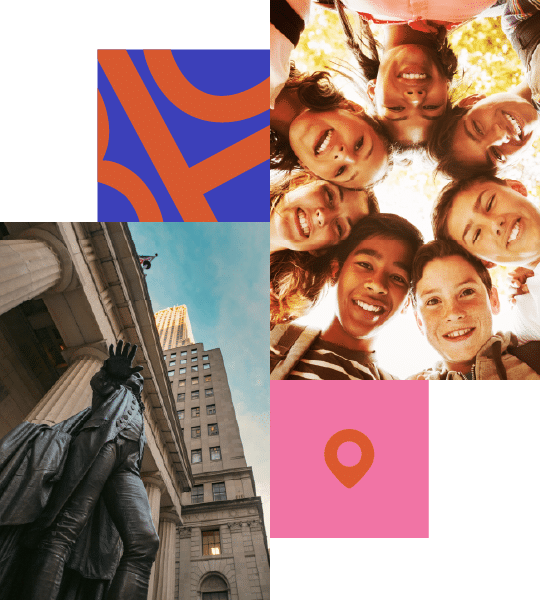 A collage with abstract shapes, six smiling children in a circle, a statue near columns, and a pink location pin on a square background.