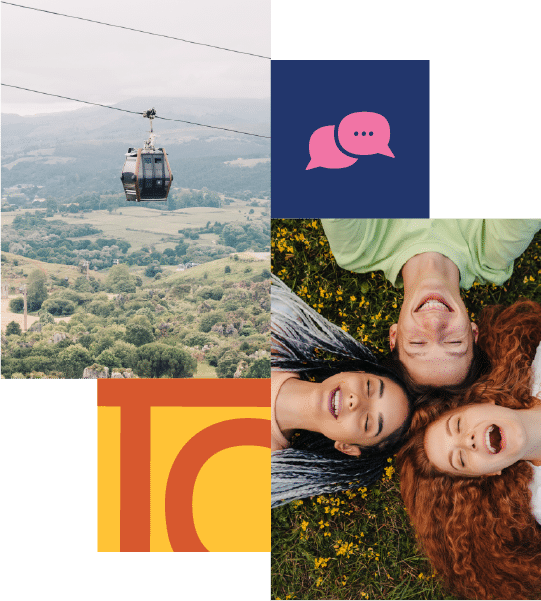 A cable car travels over a green landscape; next to it, three people lie on grass smiling, with graphic icons of a speech bubble and yellow and red shapes in the background.