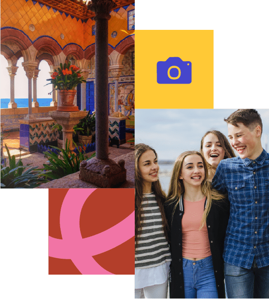 A collage featuring a colourful Mediterranean-style courtyard, a yellow camera icon, a pink abstract shape, and four smiling teenagers posing outdoors.