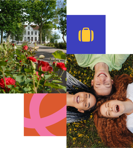A garden in Paris with blooming red roses, a white house in the background, two graphic icons, and three laughing people lying on grass.