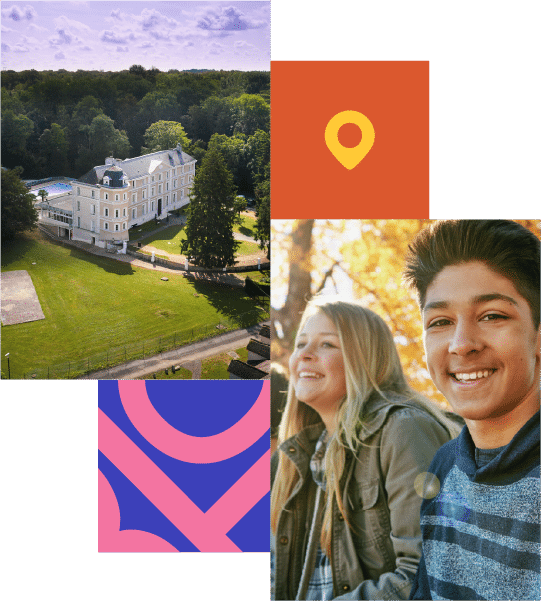 Aerial view of a large white building near trees in Paris, and a smiling teenage boy and girl outdoors, with colourful graphic elements.