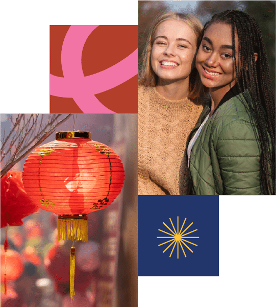 Two young women smiling outdoors above a red decorative lantern, with abstract shapes and a blue square featuring a gold starburst in the background.