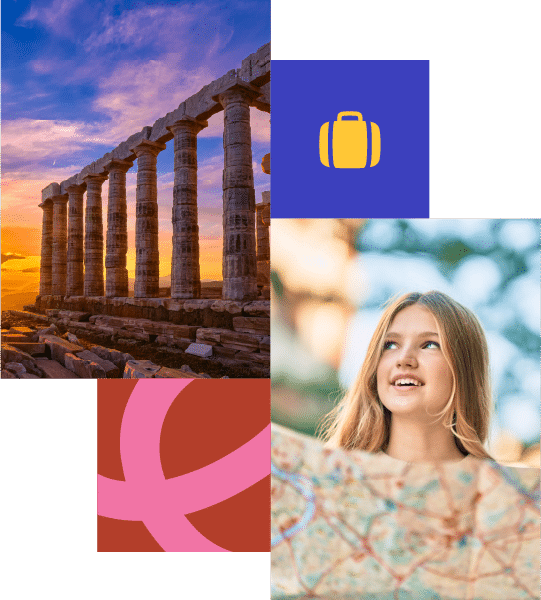 Ancient stone columns at sunset, a yellow suitcase icon, and a smiling girl with long hair in front of a blurred outdoor background.