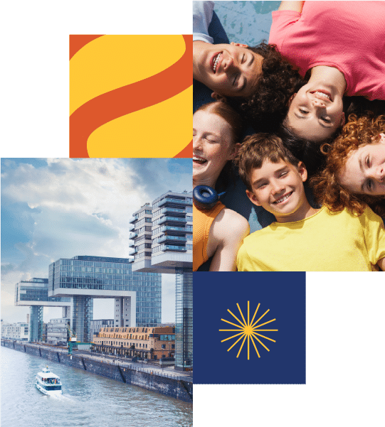 Four smiling children lying on grass, a riverside cityscape with modern buildings, a stylised yellow wave, and a yellow starburst on a blue background are arranged in a collage.