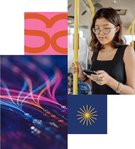 A woman stands on a bus holding a mobile. Surrounding her are abstract graphics: orange letters, colourful network lines, and a yellow starburst on a navy square.