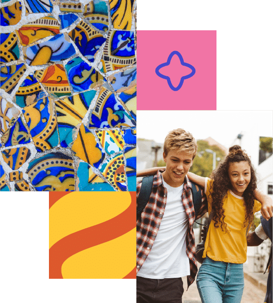 A collage with colourful mosaic tiles, abstract shapes, and a photo of two smiling teenagers walking together outdoors.