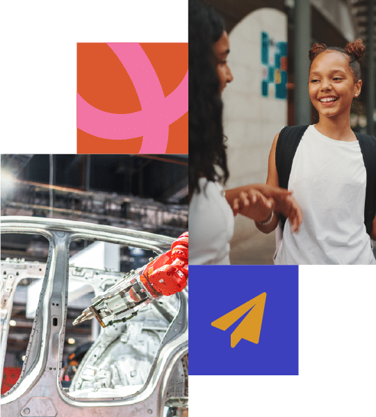 A collage with a robotic arm working on a car frame, abstract graphics, and two young women talking and smiling.