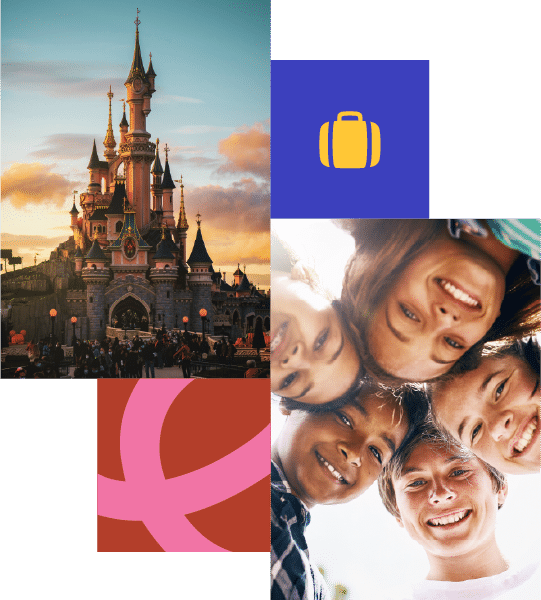 A fairy-tale castle at sunset is shown beside a group of smiling children, with graphic icons of a suitcase and abstract shapes as background elements.