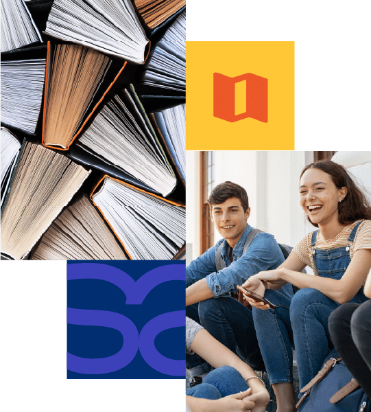 A pile of open books, two graphic icons, and a group of young people sitting together and smiling.