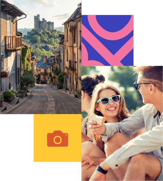 A narrow street in a European town, a distant castle, two people enjoying ice cream, and graphic shapes with a camera icon.