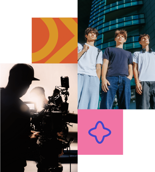A film crew operates a camera on set whilst three young men stand outdoors in front of a modern building, with geometric shapes in the background.