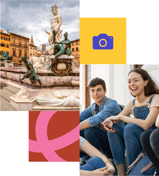 A collage featuring a statue in a European square, a yellow camera icon, and a group of smiling young people sitting together indoors.