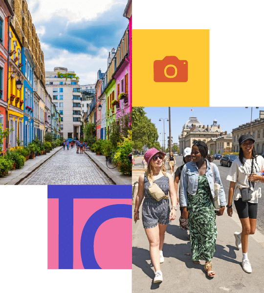 Split image: Left shows a colourful, flower-lined street in a city. Right shows four women walking together on a sunny day in an urban setting.