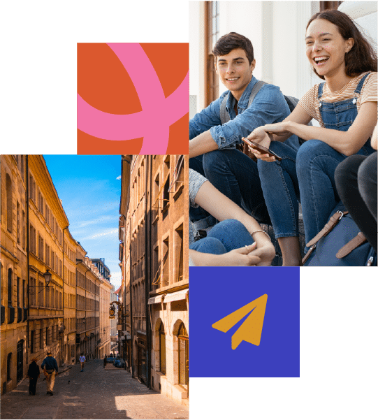 A collage showing a group of smiling young adults sitting together, a narrow European street, and abstract graphic shapes in pink and blue.