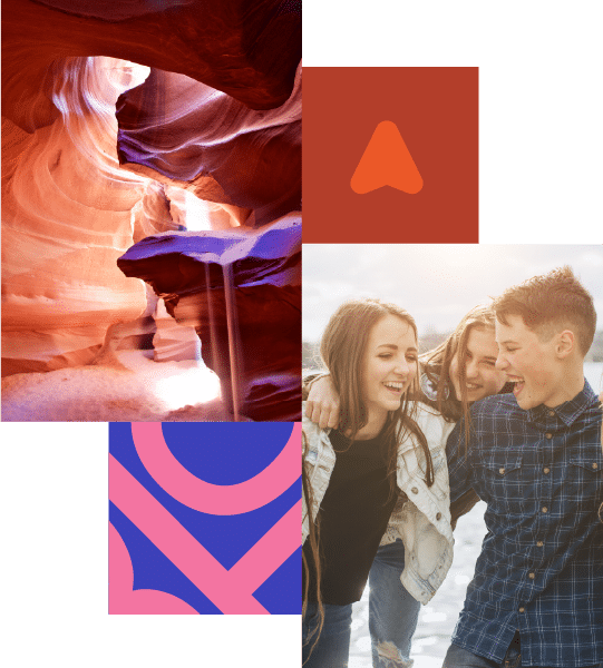 Collage with a canyon landscape on the upper left, three smiling teenagers on the lower right, and two geometric shapes on red and purple backgrounds.